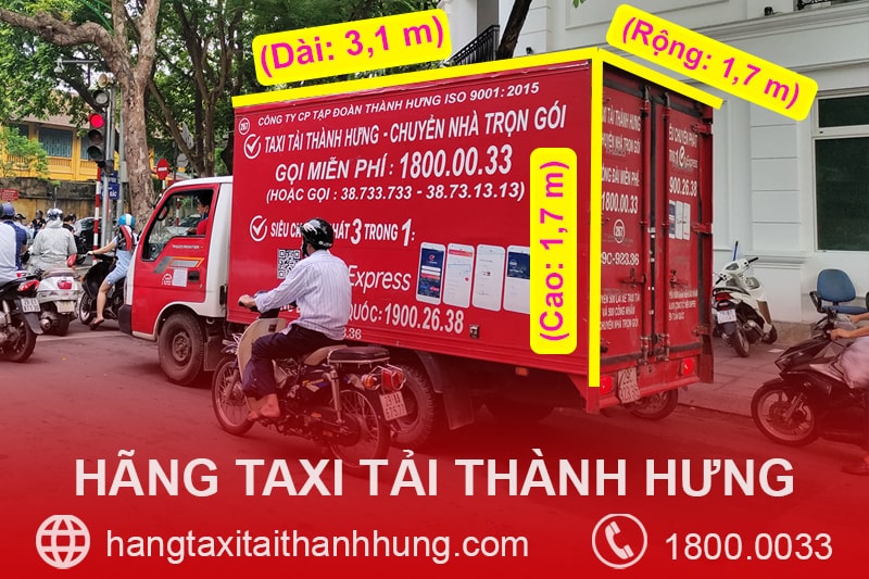 Kích thước thùng xe tải 1.25 tấn Thành Hưng là 3,1 x 1,7 x 1,7 (m)